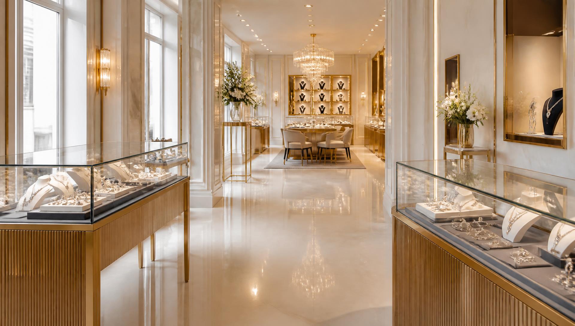 Helle, elegante Juwelier Boutique Innenansicht mit Vitrinen und Kristallleuchter