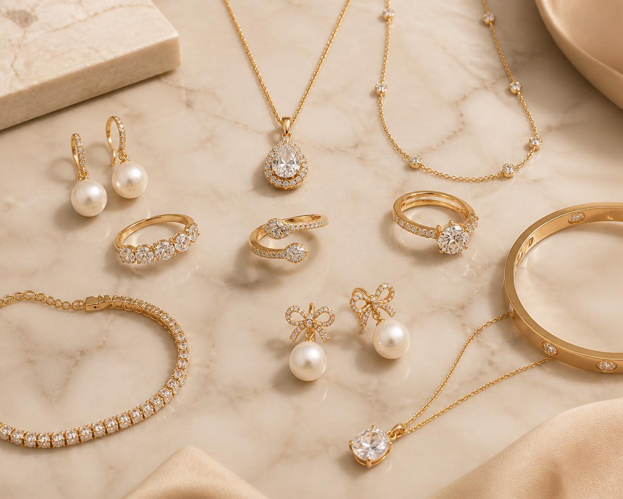 Goldschmuck und Diamanten auf Marmor