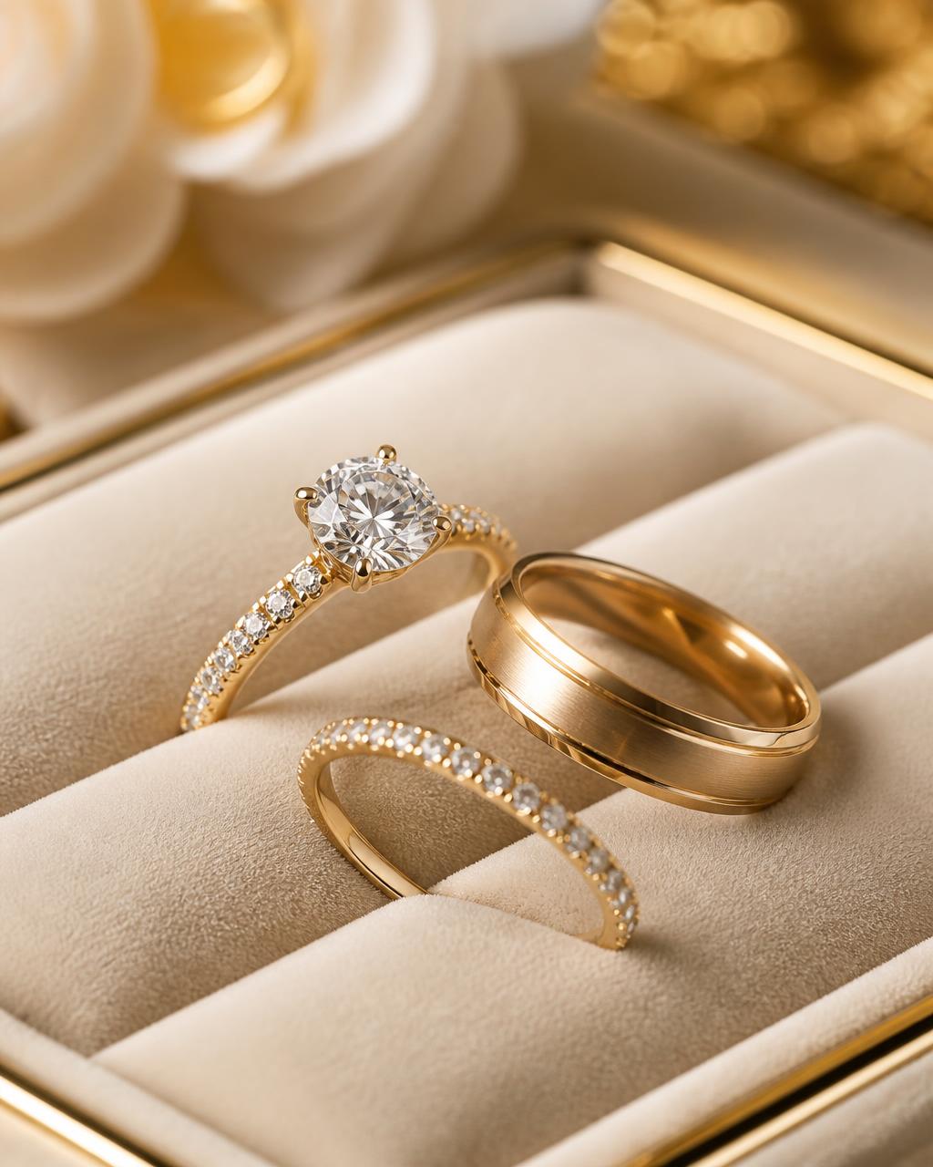 Diamant Verlobungsringe und Eheringe auf Samt