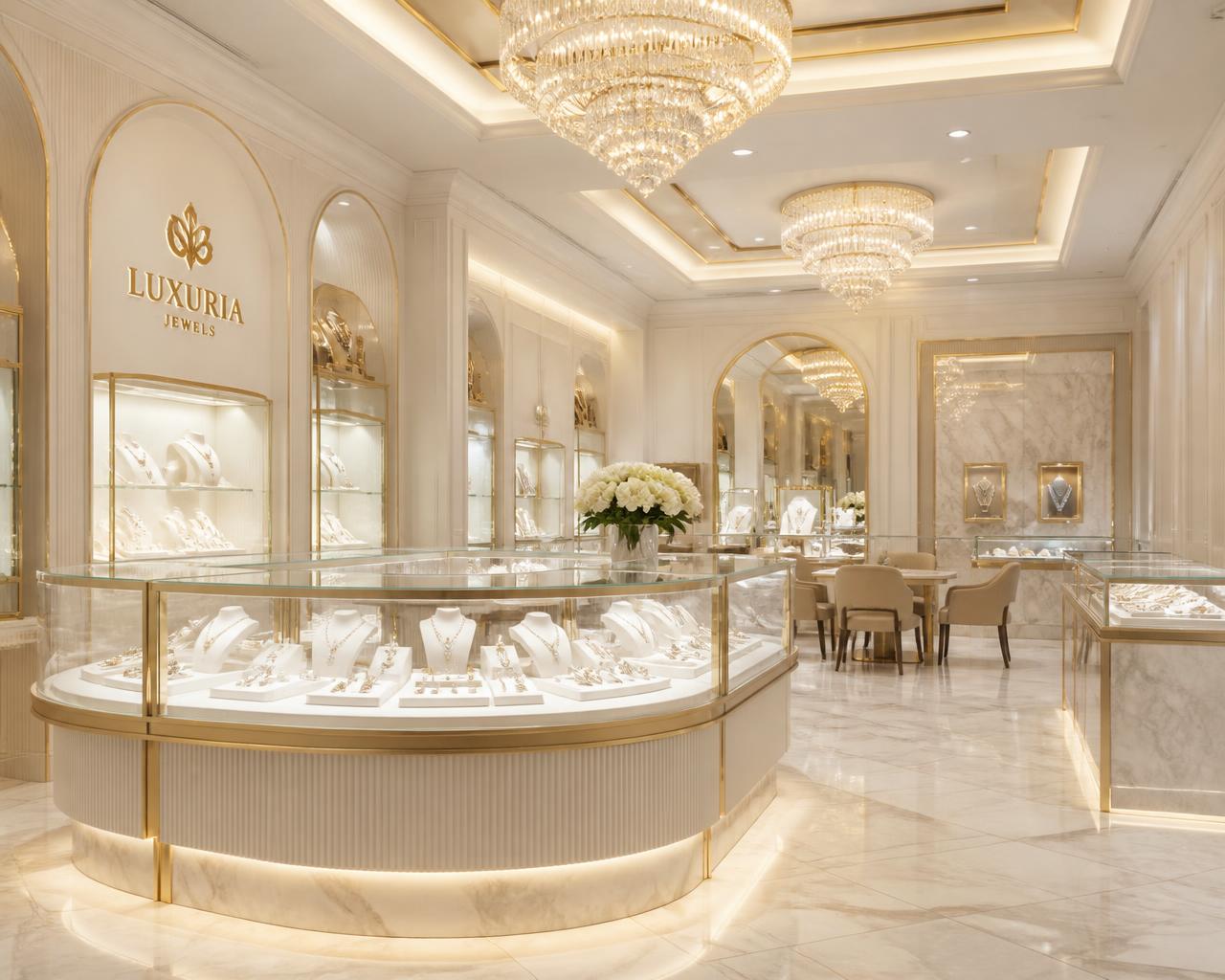 Eleganter Juwelier Showroom mit beleuchteten Vitrinen