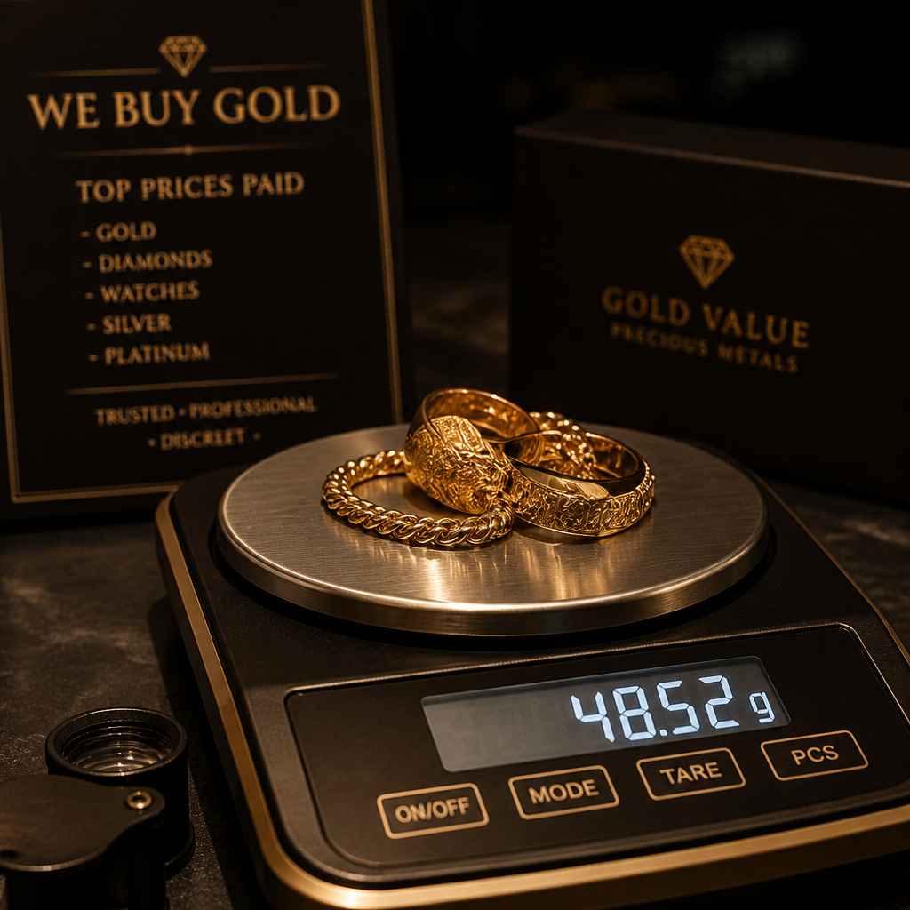 Goldschmuck und Münzen auf einer Präzisionswaage