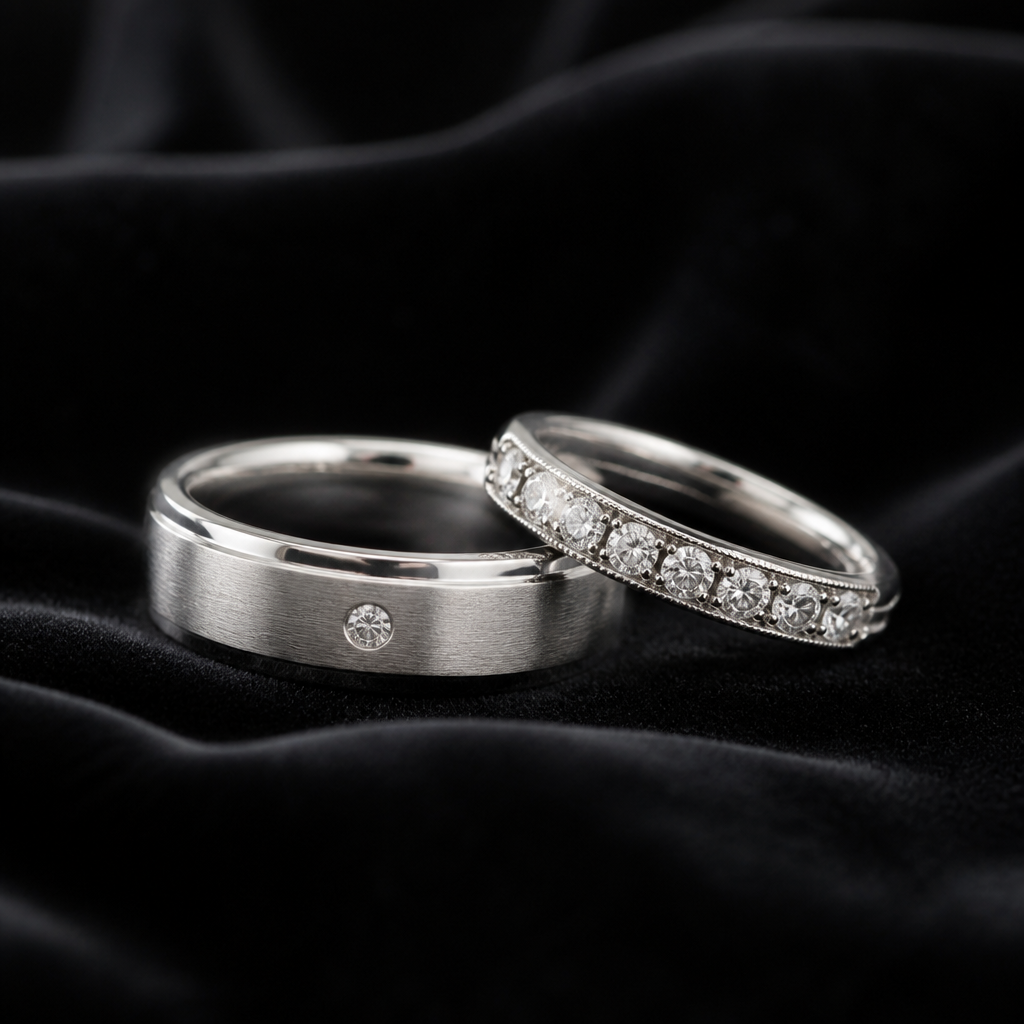 Zwei goldene Trauringe mit Diamantbesatz auf dunklem Samt